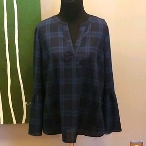 J.Crew Tartan long bell sleeve V neck blouse